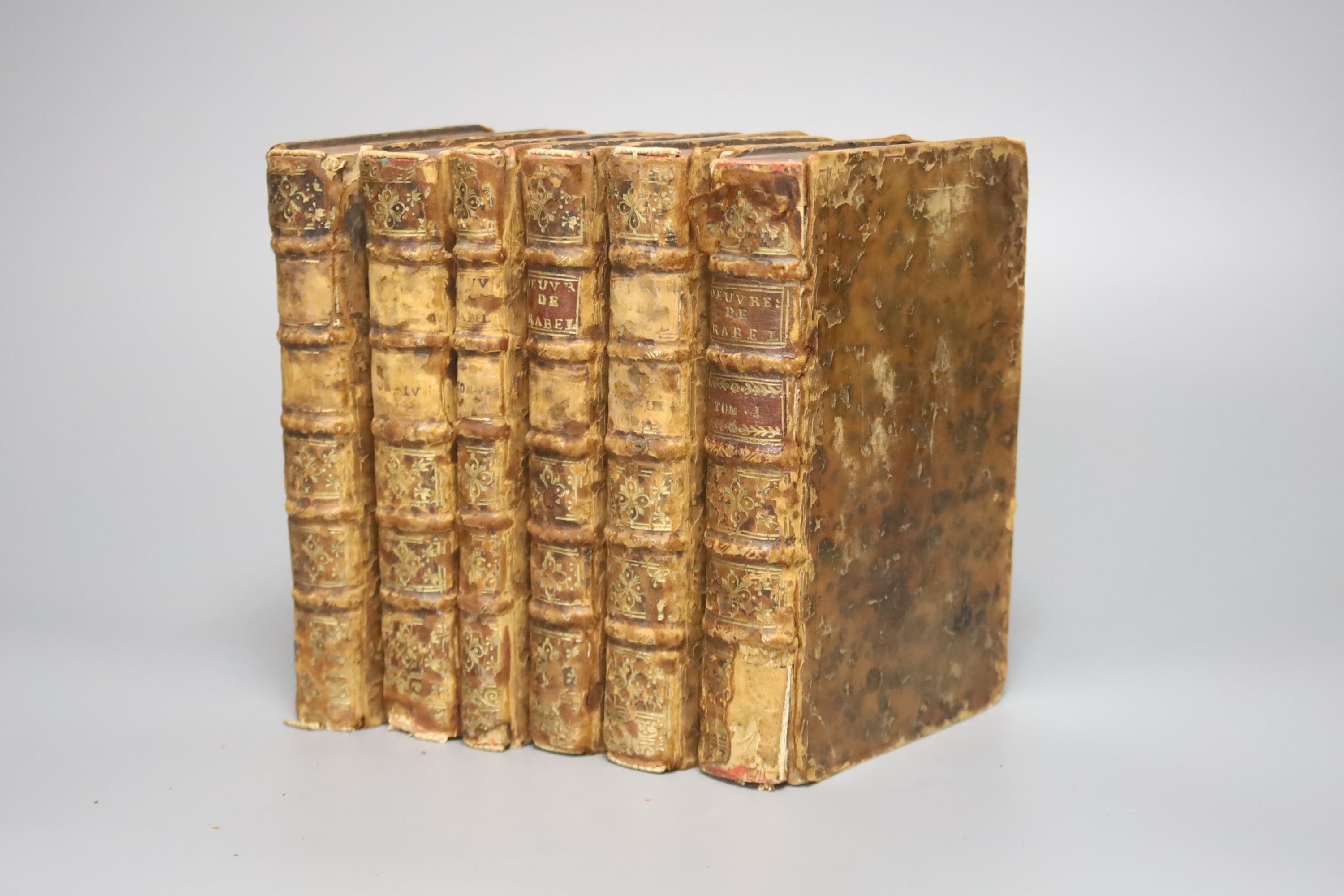 Rabelais, Francois - Oeuvres……New Edition, 6 vols, mottled calf, 12mo, with portrait, 3 folded plates and a folding map, staining to early fly-leaves and half title to vol. 2, small loss to upper left front board of same